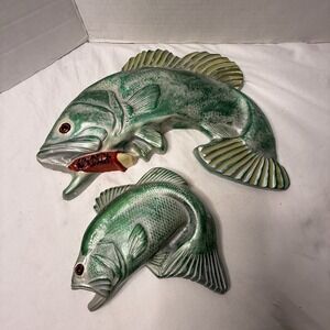 Vintage Mid Century Chalkware Bass Wall Plaques – Set 2 Rustic Lake Cabin Fish